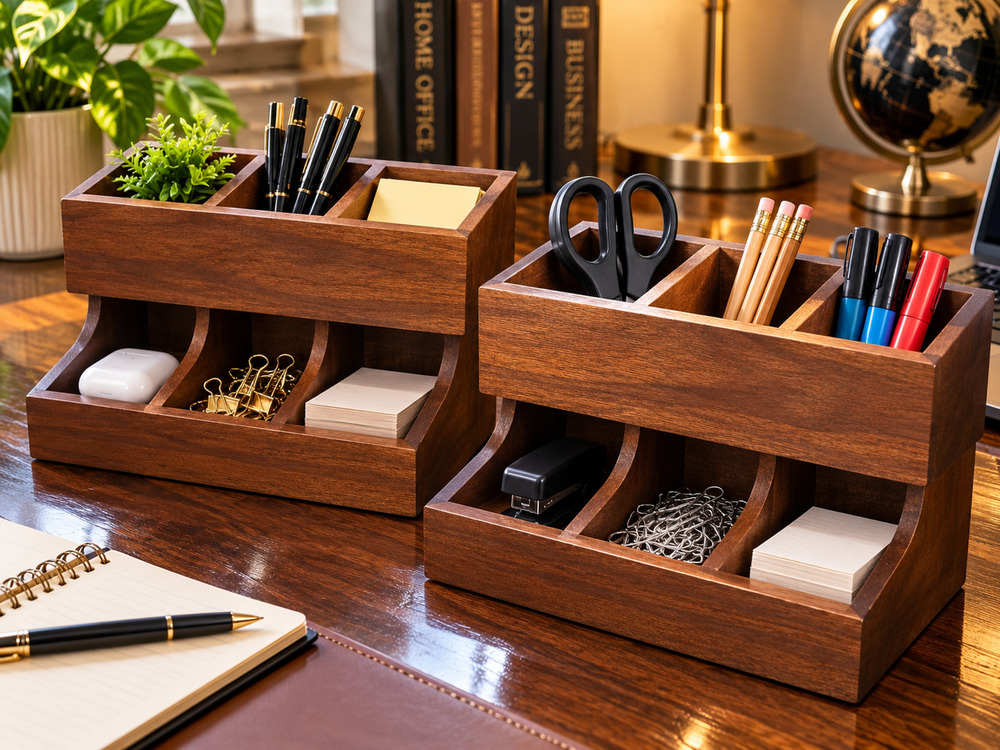 Set of 2 Solid Wood Desk Organizers Brown Walnut Finish Tiered Multi Compartment